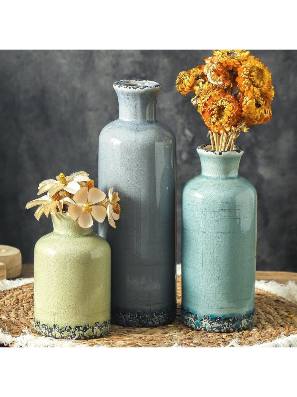 Ceramic Flower Vase Set of 3 Modern Neutral Pottery Rustic Farmhouse Decorative